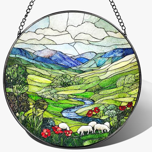 Stained Glass Window Hanging, Pauyadu 8 Inch Green Irish Hills Stained Glass Suncatcher, Window Decorations for Home, Christmas, Mother's Day, Birthday, Gifts for Women, Perfect for Nature Lovers - color: Countryside