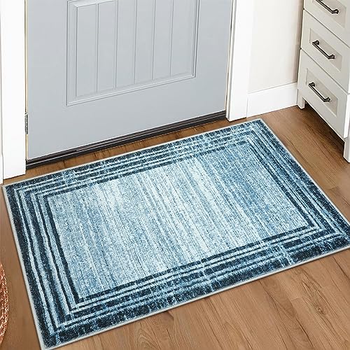 Lahome Amabel Modern Abstract Area Rug, Washable Blue 2x3 Entryway Rugs Non Skid Front Door Rug Indoor Low-Pile Kitchen Carpet, Minimalist Bordered Soft Bedroom Throw Rug for Bathroom Entry - color: Dark Blue Border/White, size: 2' x 3' (Rectangular)