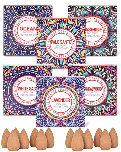 Backflow Incense Cones - 6 Mixed Natural Scents - Sandalwood, Lavender, Jasmine, Ocean, White Sage, Palo Santo, for Purification, Relaxation, Yoga, Meditation