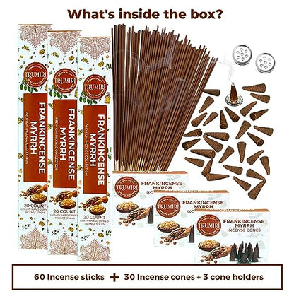 Frankincense Myrrh Scented Incense Sticks & Incense Cones Combo Pack - 60 Insence-Sticks + 30 Insence Cones - Inscense - Incense Cones Scented - Insents - color: Frankincense Myrrh