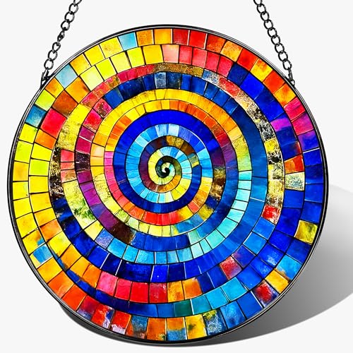 Stained Glass Window Hanging, Pauyadu 8 Inch Rainbow Spiral Stained Glass Suncatcher, Suncatchers for Windows Hanging, Window Decor, Gifts for Art Lovers, Idea Gifts for Women, Friend, Lover - color: Rainbow Mosaic