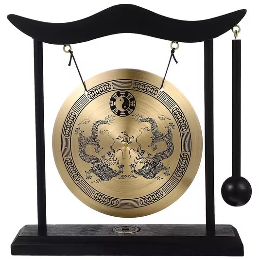 Copper Gong Ornament with Mallet Vintage Retro Design Exquisite Craftsmanship Crisp Tone Carillon à Vent Desktop Meditation Office Decor Brass Table Wind Chime Percussion Instrument Cymbals