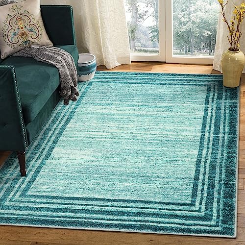 Lahome Modern Abstract Area Rug, Washable Teal 3x5 Kitchen Rugs Non Slip Large Entryway Rug Indoor, Low-Pile Soft Bathroom Mat Minimalist Throw Rug for Bedroom Living Room Stain Resistance - color: Teal Border/White, size: 3' x 5' (Rectangular)