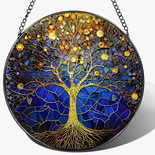 8-Inch Stained Glass Tree of Life Ornament, Stained Glass Window Hanging, Window Hanging Decor Suncatcher – Housewarming, Christmas, Birthday | Gift for Family, Friend, Couple, Teacher | Holiday Decor - color: Tree of Life