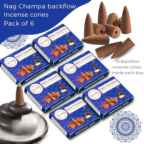 Nag Champa Backflow Incense Cones - Total 60 Incense Cones Waterfall - Six Packs of 10 Incense Backflow Cones - Waterfall Inscent Cones - Incense Waterfall Cones - color: Nag Champa, size: Pack of 6 (60 Cones)