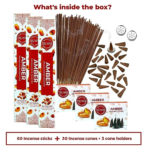 Amber Incense Sticks & Incense Cones Combo Pack - 60 Insence-Sticks + 30 Insence Cones - Inscense - Incense Cones Scented - Insents - color: Amber