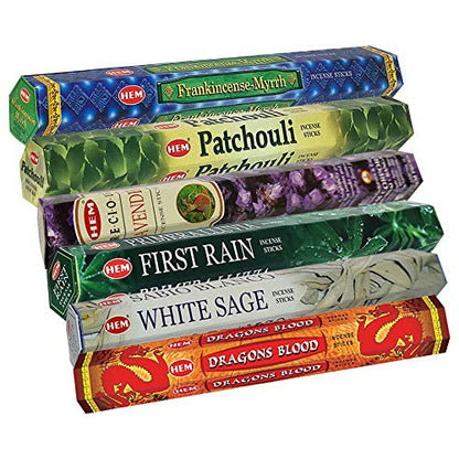 Hem Incense Sticks Variety Pack #23-120 Insence-Sticks (6 Incents x 20 Insense) + Incense Stick Holder with 6 Most Liked Scents Including Patchouli Dragons Blood White Sage Frankincense-Myrrh - color: Six Popular 2