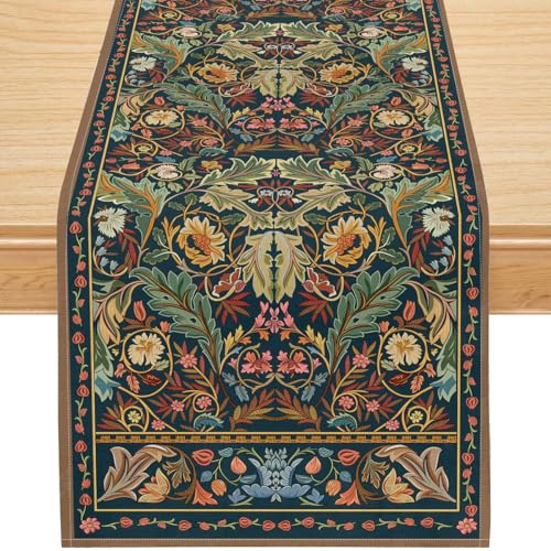 Vintage William Morris Botanical Table Runner, Dark Green Retro Floral Print Dining Table Decoration for Kitchen, Wedding or Party, Polyester Linen, 13x36 Inch - color: Dark Green Floral, size: 13x36inch