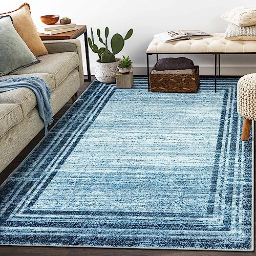 Lahome Abstract Area Rugs 5x7,Washable Modern Rugs for Living Room Non-Slip,Low-Pile Soft Rug Minimalist Bordered Floor Carpet for Bedroom Dining Room Entryway Indoor - color: Dark Blue Border/White, size: 5' x 7' (Rectangular)