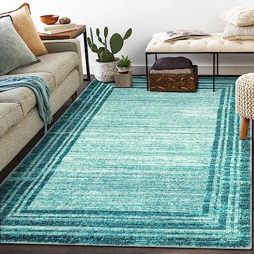 Lahome Modern Abstarct Area Rugs 5x7, Washable Teal 5x7 Bedroom Rug Soft Living Room Rug Non Slip, Low-Pile Indoor Rugs for Living Room Minimalist Floor Carpet for Dining Room Kids Playroom - color: Teal Border/White, size: 5' x 7' (Rectangular)