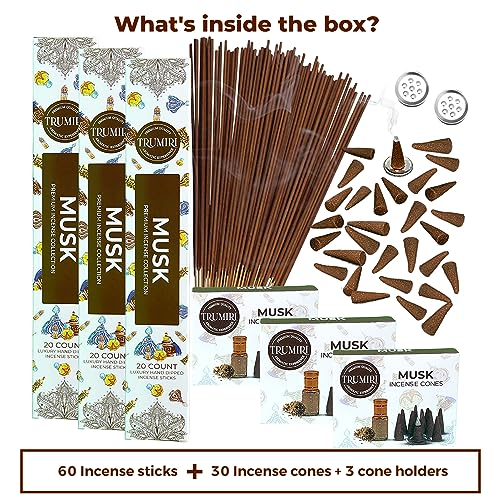 Musk Incense Sticks & Incense Cones Combo Pack - 60 Insence-Sticks + 30 Insence Cones - Inscense - Incense Cones Scented - Insents - color: Musk