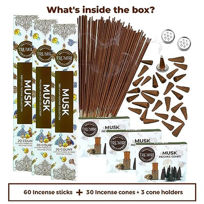 Musk Incense Sticks & Incense Cones Combo Pack - 60 Insence-Sticks + 30 Insence Cones - Inscense - Incense Cones Scented - Insents - color: Musk