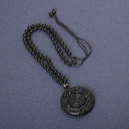 ASGIFT Black Obsidian Necklace Lucky Amulet Protection Pendant with Extended Bead Chain Healing Crystal Stone Talisman Necklaces Jewelry - color: Dragon-Phoenix