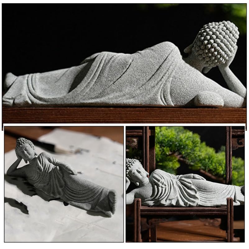 PRETYZOOM Little Reclining Buddha Ornament 3.54In Sandstone Mini Statue Indoor Zen Garden Meditation Decoration