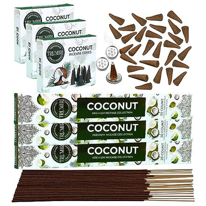 Coconut Incense Sticks & Incense Cones Combo Pack - 60 Insence-Sticks + 30 Insence Cones - Inscense - Incense Cones Scented - Insents - color: Coconut