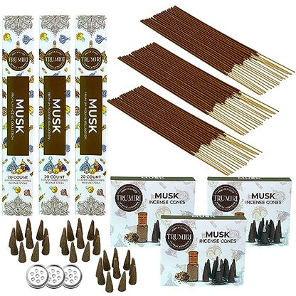 Musk Incense Sticks & Incense Cones Combo Pack - 60 Insence-Sticks + 30 Insence Cones - Inscense - Incense Cones Scented - Insents - color: Musk