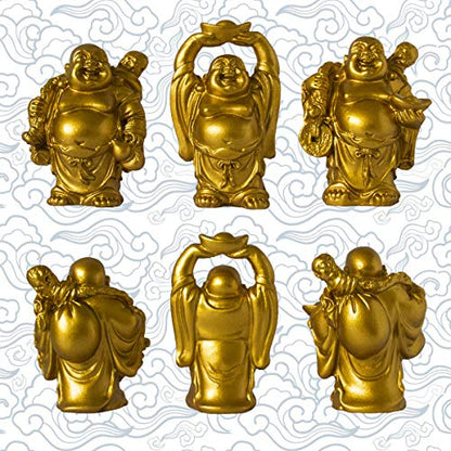 Set of 6 Laughing Happy Buddha Statue Resin Figurines Feng Shui for Luck Wealth Good Gift and Collection (2.5'', Gold) - color: Gold, style: 2.5''