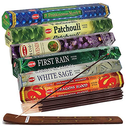 Hem Incense Sticks Variety Pack #23-120 Insence-Sticks (6 Incents x 20 Insense) + Incense Stick Holder with 6 Most Liked Scents Including Patchouli Dragons Blood White Sage Frankincense-Myrrh - color: Six Popular 2