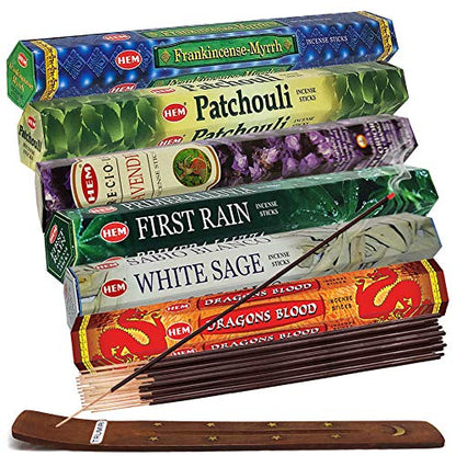 Hem Incense Sticks Variety Pack #23-120 Insence-Sticks (6 Incents x 20 Insense) + Incense Stick Holder with 6 Most Liked Scents Including Patchouli Dragons Blood White Sage Frankincense-Myrrh - color: Six Popular 2