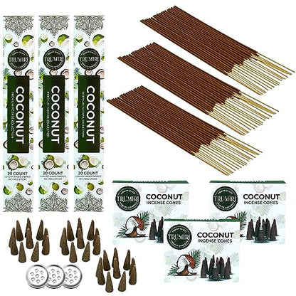 Coconut Incense Sticks & Incense Cones Combo Pack - 60 Insence-Sticks + 30 Insence Cones - Inscense - Incense Cones Scented - Insents - color: Coconut