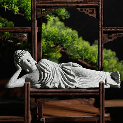 PRETYZOOM Little Reclining Buddha Ornament 3.54In Sandstone Mini Statue Indoor Zen Garden Meditation Decoration
