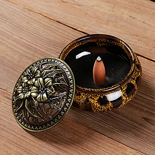 Incense Burner with Calabash Incense Stick Holder - Porcelain Charcoal Censer for Use with Resin Granular Powder Cone or Coil Incense (Fambe Yellow) - color: Fambe Yellow