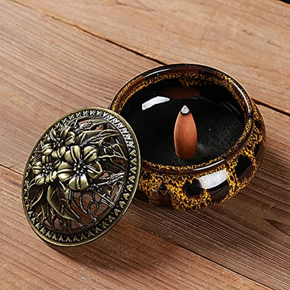 Incense Burner with Calabash Incense Stick Holder - Porcelain Charcoal Censer for Use with Resin Granular Powder Cone or Coil Incense (Fambe Yellow) - color: Fambe Yellow