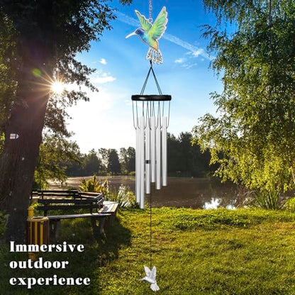 Outdoors Hummingbird Wind Chimes Sympathy Memorial for Loss of Loved One - Soothing Melodic Tones Aluminum Chime Great as a Gift for Your Patio Porch Garden and Backyard (Silvery, Hummingbird) - size: 24.1" Silvery Hummingbird