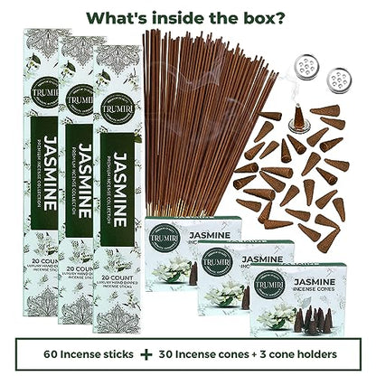 Jasmine Incense Sticks & Incense Cones Combo Pack - 60 Insence-Sticks + 30 Insence Cones - Inscense - Incense Cones Scented - Insents - color: Jasmine