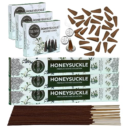 Honeysuckle Incense Sticks & Incense Cones Combo Pack - 60 Insence-Sticks + 30 Insence Cones - Inscense - Incense Cones Scented - Insents - color: Honeysuckle