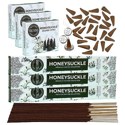 Honeysuckle Incense Sticks & Incense Cones Combo Pack - 60 Insence-Sticks + 30 Insence Cones - Inscense - Incense Cones Scented - Insents - color: Honeysuckle