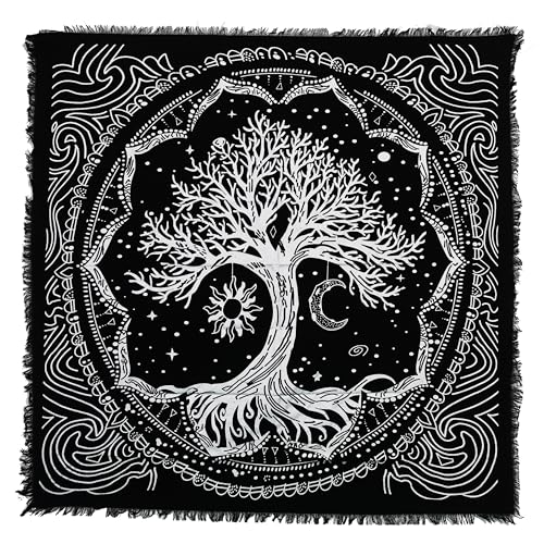 Indian Consigners Tree of Life Altar Cloth Tapestry Tablecloth Celtic Trees Ritual Spiritual Cloth for Sacred Places, Cotton Square Tarot Table Cover 36 by 36 Sacred - color: Silver Sun Moon Tree, size: 36" x 36" (Square)