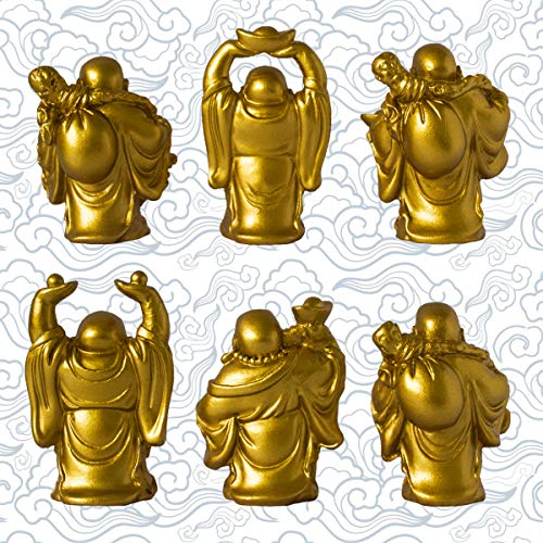 Set of 6 Laughing Happy Buddha Statue Resin Figurines Feng Shui for Luck Wealth Good Gift and Collection (2.5'', Gold) - color: Gold, style: 2.5''
