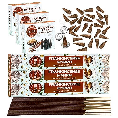 Frankincense Myrrh Scented Incense Sticks & Incense Cones Combo Pack - 60 Insence-Sticks + 30 Insence Cones - Inscense - Incense Cones Scented - Insents - color: Frankincense Myrrh
