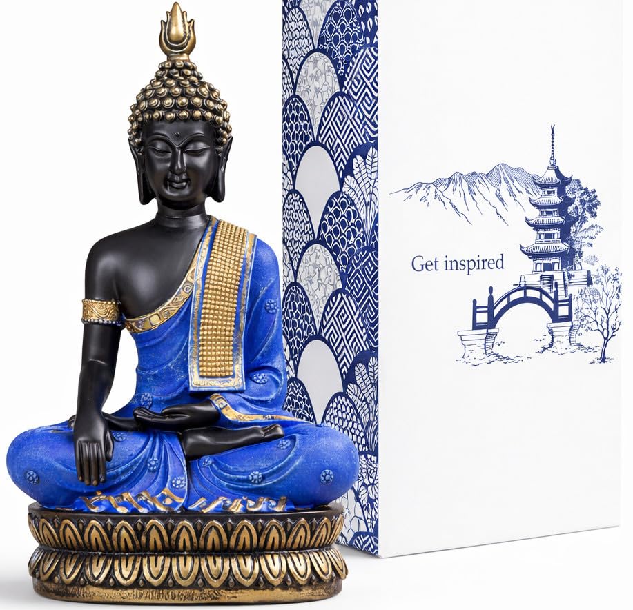 25DOL Large 12.5-Inch Polyresin Buddha Statue, Hand-Painted Blue & Gold - color: Blue and Gold