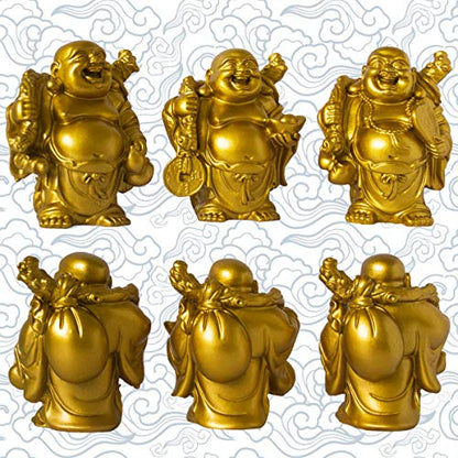 Set of 6 Laughing Happy Buddha Statue Resin Figurines Feng Shui for Luck Wealth Good Gift and Collection (4.5'', Gold) - color: Gold, style: 4.5''