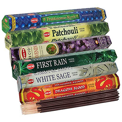 Hem Incense Sticks Variety Pack #23-120 Insence-Sticks (6 Incents x 20 Insense) + Incense Stick Holder with 6 Most Liked Scents Including Patchouli Dragons Blood White Sage Frankincense-Myrrh - color: Six Popular 2