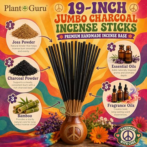 Black Coconut Exotic Incense Sticks Jumbo 19 Inch Long - Bulk 1 Bundle 27 to 30 Sticks - Natural 19" Extra Large with A Smooth Aroma that Burns for 3 to 4 Hours Each.