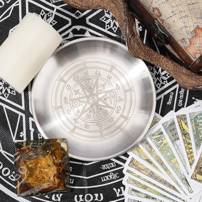 CREATCABIN Constellation Ritual Plate Altar Stainless Steel Flat Bowl Round Silvery Tray Offering Bowl Dish Holder Jewelry Dish for Smudging Incense Burner Meditation Tarot 5.55Inch - style: Constellation-01