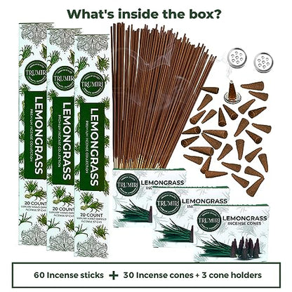 Lemongrass Incense Sticks & Incense Cones Combo Pack - 60 Insence-Sticks + 30 Insence Cones - Inscense - Incense Cones Scented - Insents - color: Lemongrass