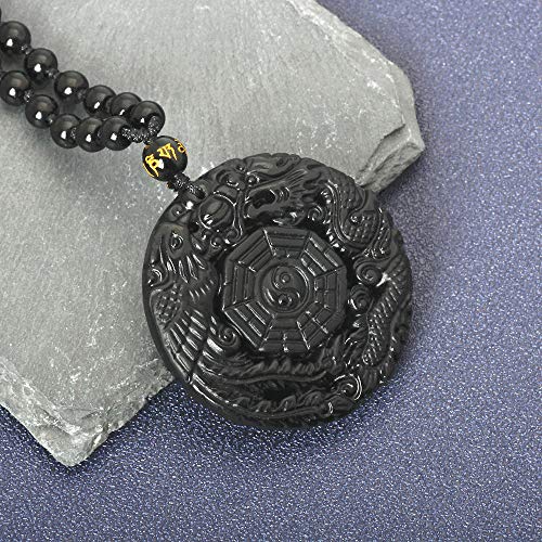 ASGIFT Black Obsidian Necklace Lucky Amulet Protection Pendant with Extended Bead Chain Healing Crystal Stone Talisman Necklaces Jewelry - color: Dragon-Phoenix