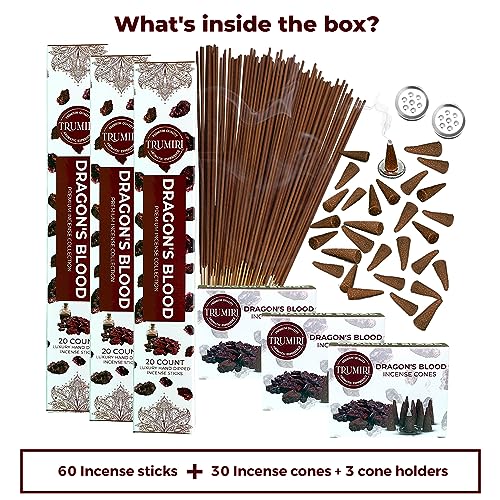 Dragons Blood Incense Sticks & Incense Cones Combo Pack - 60 Insence-Sticks + 30 Insence Cones - Inscense - Incense Cones Scented - Insents - color: Dragons Blood