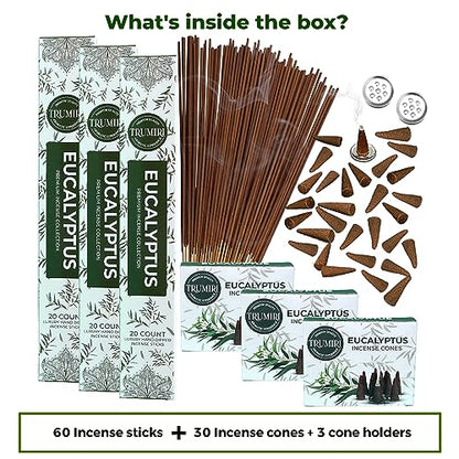 Eucalyptus Incense Sticks & Incense Cones Combo Pack - 60 Insence-Sticks + 30 Insence Cones - Inscense - Incense Cones Scented - Insents - color: Eucalyptus