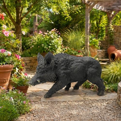 12.2" H x 21.3" L Realistic Wild Boar Garden Statue, Weather-Resistant Resin Outdoor Animal Sculpture, Lifelike Lawn Yard Patio Decor, Rustic Wildlife Ornament for Indoor & Outdoor (Black Wild Boar) - color: Black Wild Boar