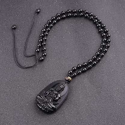 ASGIFT Black Obsidian Necklace Lucky Amulet Protection Pendant with Extended Bead Chain Healing Crystal Stone Talisman Necklaces Jewelry - color: Buddha Tathagata