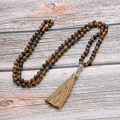 108 Mala Beads Semi-Precious Gem Stones Meditation Necklace - color: Natural Tiger Eye