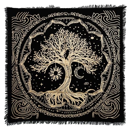 Indian Consigners Tree of Life Altar Cloth Tapestry Tablecloth Celtic Trees Ritual Spiritual Cloth for Sacred Places, Cotton Square Tarot Table Cover 24 by 24 Sacred - color: Golden Sun Moon Tree, size: 24" x 24" (Square)