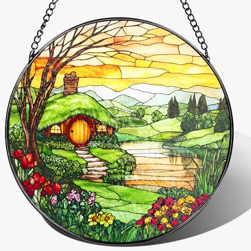 Stained Glass Window Hanging, Pauyadu 8 Inch The Shire Stained Glass Suncatcher, Window Decorations for Home, Mother's Day, Christmas, Birthday Gifts for Women, Mom, and Grandma, Nature Lovers - color: Hobbit House
