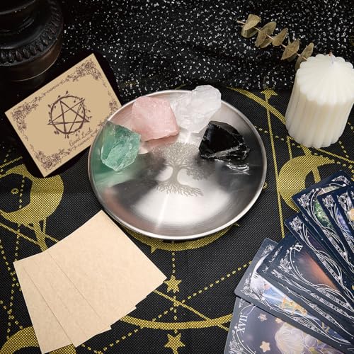 CREATCABIN Tree of Life Altar Ritual Plate Dish Stainless Steel Flat Bowl Silver Jewelry Tray Round Tarot Offering Bowl Dish Candle Trinket Holder for Incense Burner Dowsing Divination 5.55Inch - style: Silver Tree of Life