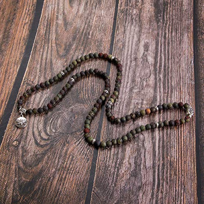Bivei 108 Mala Beads Necklace Long Beaded Wrap Bracelets Genuine Gemstone Mala Prayer Beads Lotus Buddha Charm Yoga Meditation Necklace - color: Bloodstone-Lotus OM-Buddha